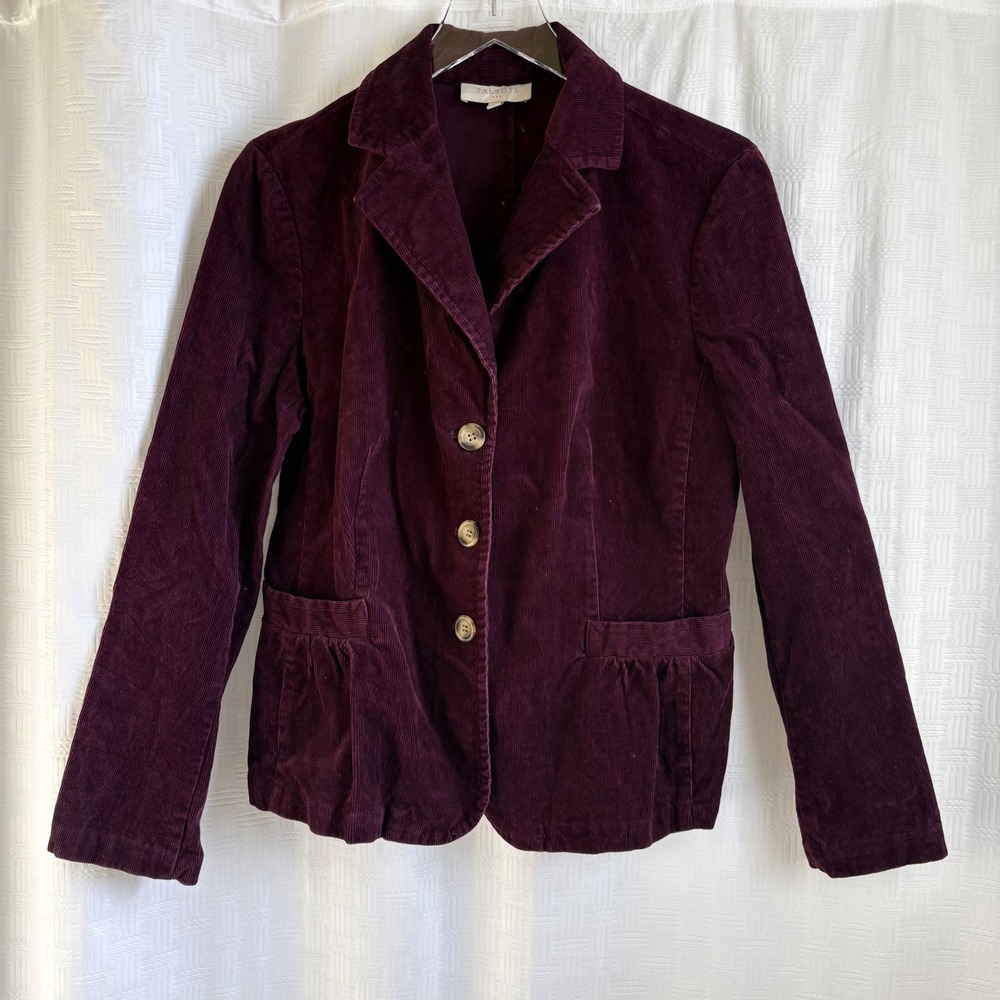 Talbots Womens Purple Corduroy Blazer Jacket Plum 3 Button Peplum Back Size 14